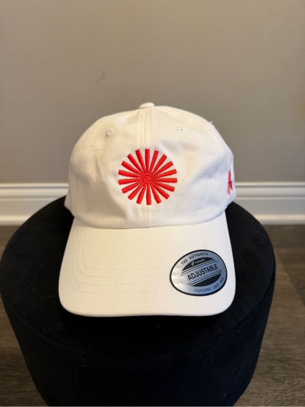 White Adjustable Baseball Cap with Red Embroidery